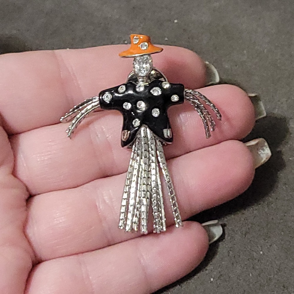 VTG Scarecrow Lapel Pin Red & Black Enameled with Rhinestones 2" Long